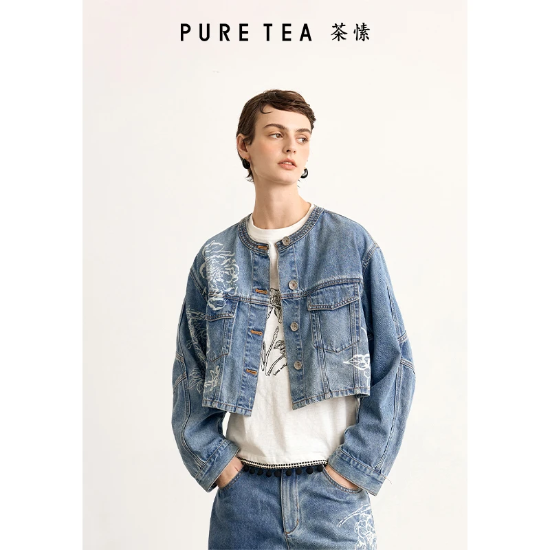 牡丹花漾】puretea茶愫印花牛仔棉短外套女截短夹克KN0107D11