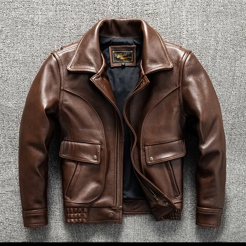 加厚油蜡头层牛皮1.5毫米真皮皮衣男皮夹克翻领大码 港风水洗软皮