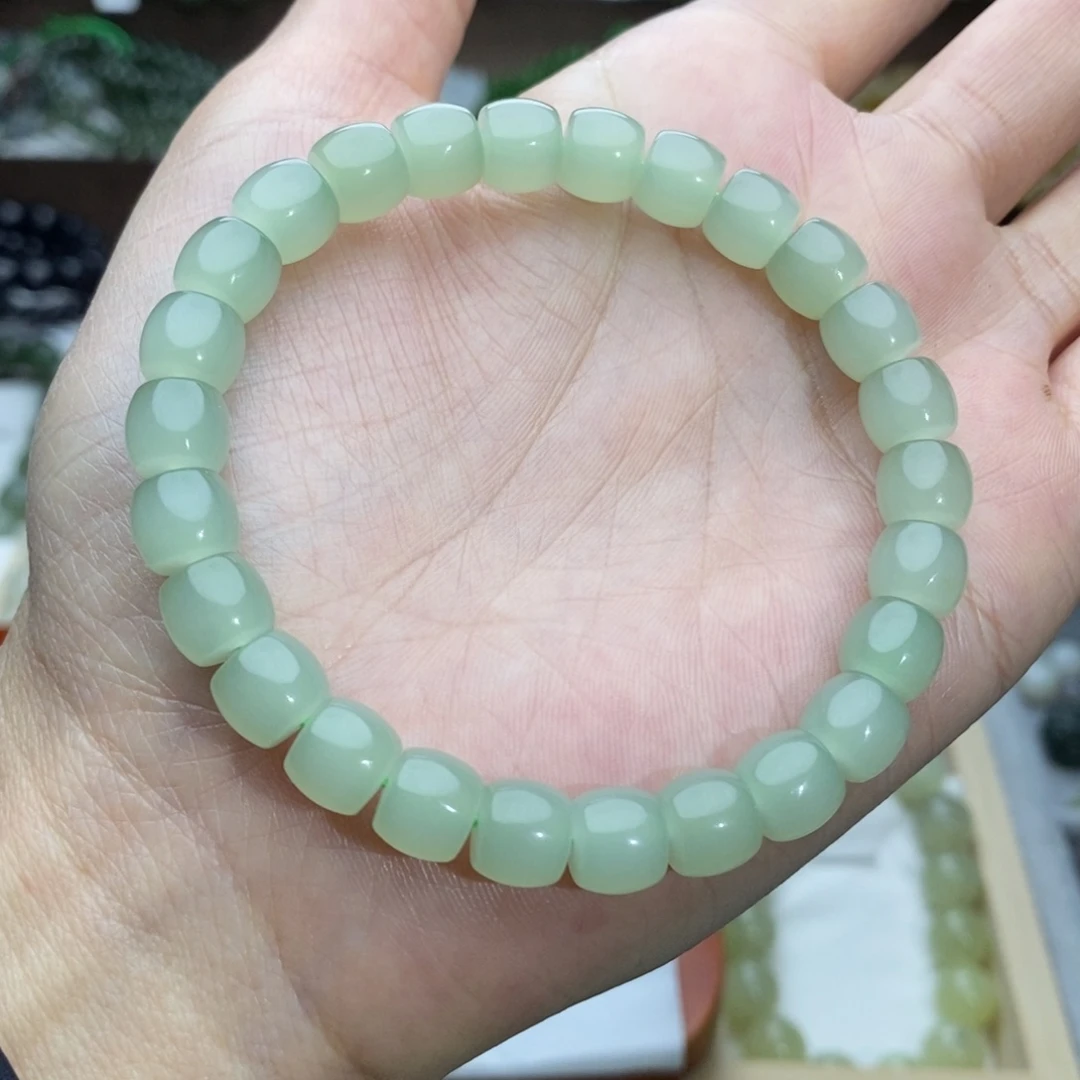 和田玉手链未镶嵌8mm高冰浅晴水荧光猫眼直切