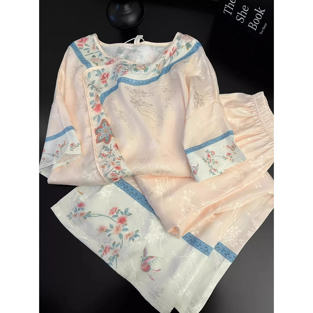 欧若风复古提花设计感短袖睡衣女夏季新款大码休闲长裤套装家居服