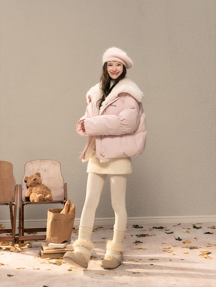 海军领羊羔毛拼接保暖棉服秋冬牛角扣款连帽冬季外套女