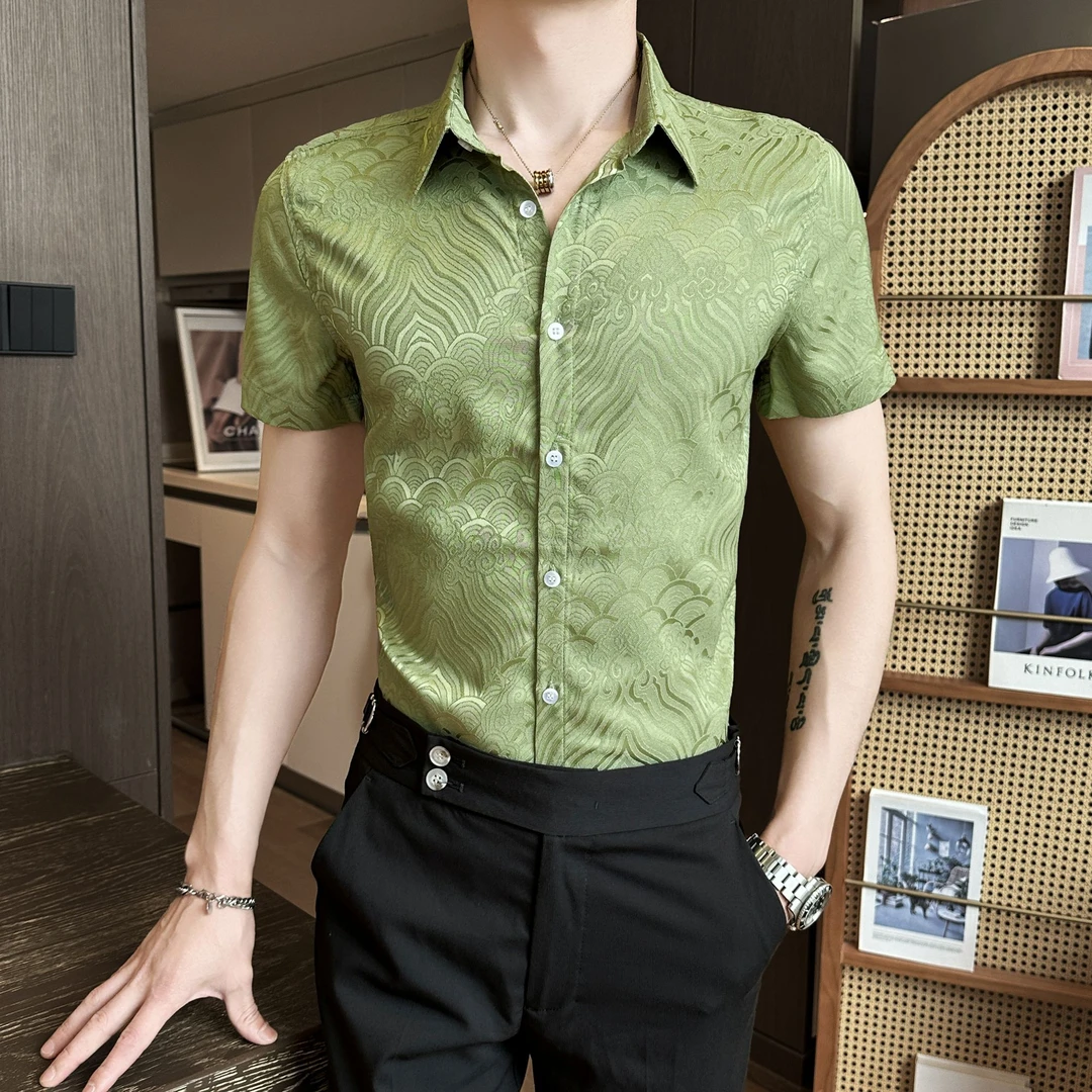 夏季国风花衬衫男款短袖潮牌网红高级感洋气炸街痞帅男士印花衬衣