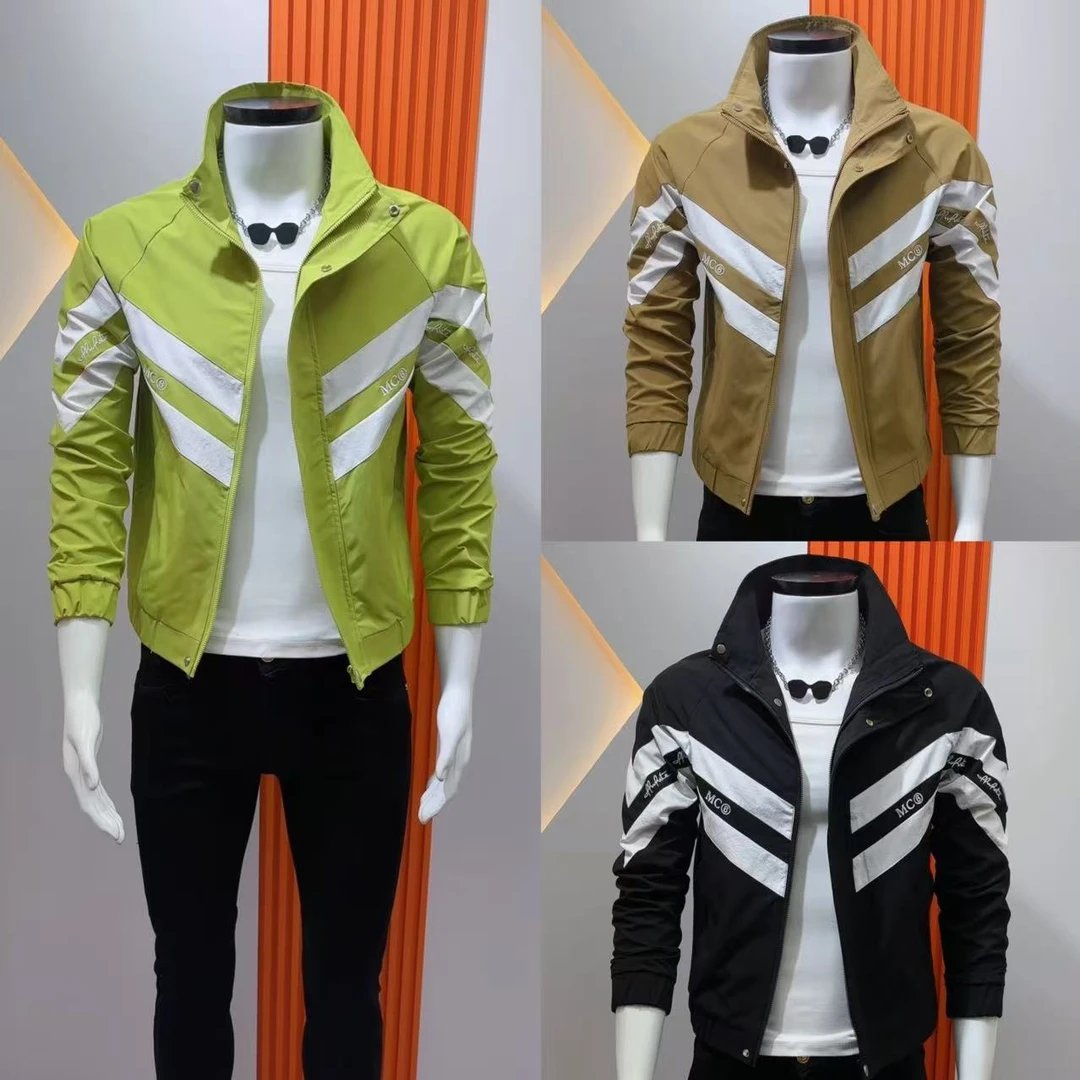 男士秋季新款夹克外套时尚潮流拼色修身百搭褂子韩版立领刺绣上衣