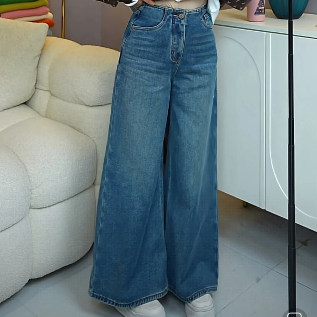 【伟伟专属】设计感一体腰阔腿加绒牛仔裤