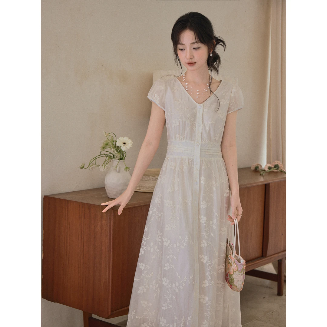 新品【浅夏花楹】温柔两色立体绣花连衣裙 腰部分割线+塔克褶显瘦