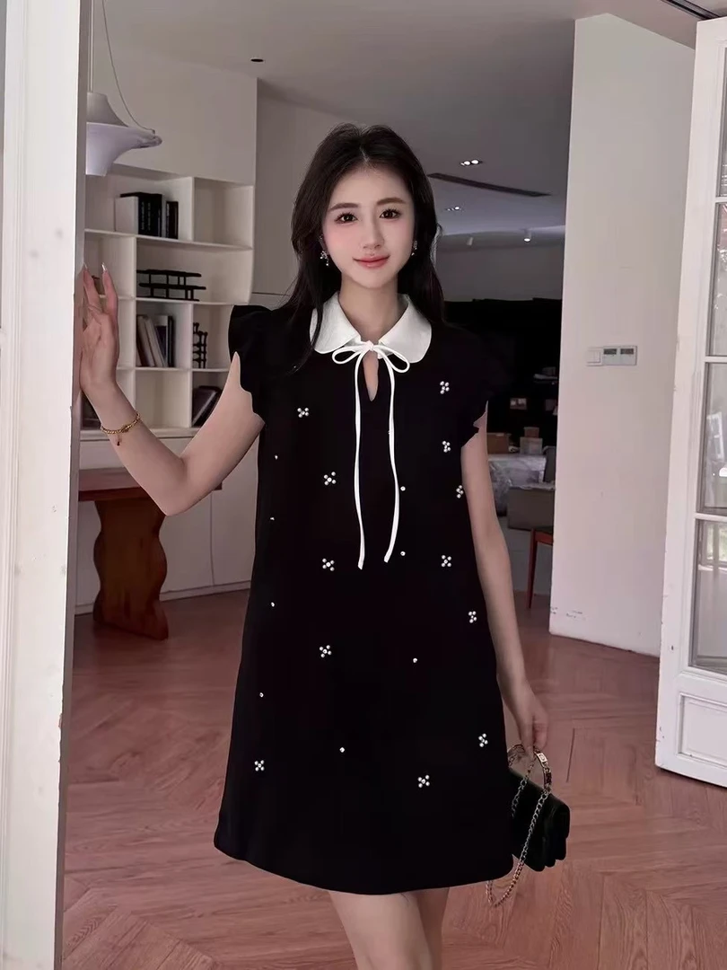 大码钉珠白领子系绳减龄夏季显瘦遮肉连衣裙8062