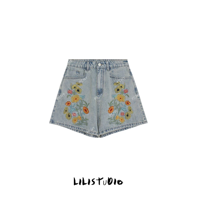 PCNY「野花拓印」不理理夏季新款小众女装 复古水洗牛仔短裤直筒裤