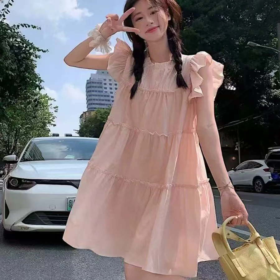 法式甜美飞飞袖圆领夏季连衣裙小个子减龄显瘦短裙子