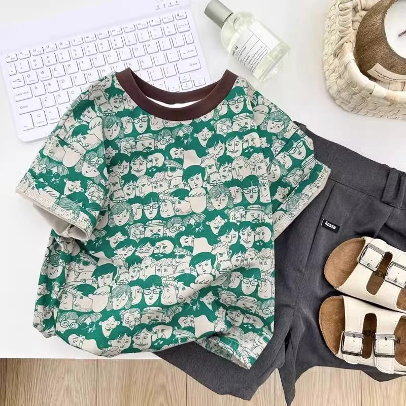 男女童纯棉打底衫休闲夏装儿童宝宝洋气短袖t恤夏季卡通中小童