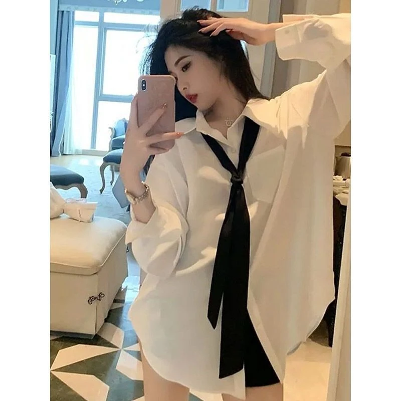 新款白色衬衫女宽松外穿设计感领带衬衣长袖小众上衣