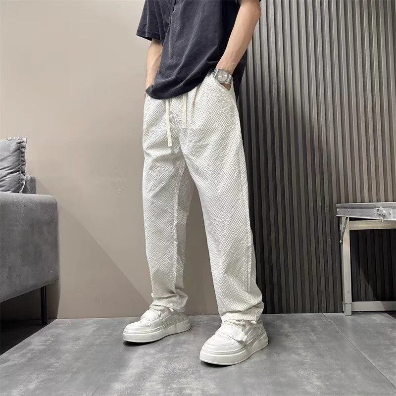 新款美式休闲裤透气抽绳松紧腰潮流直筒裤男士港风潮男百搭长裤子