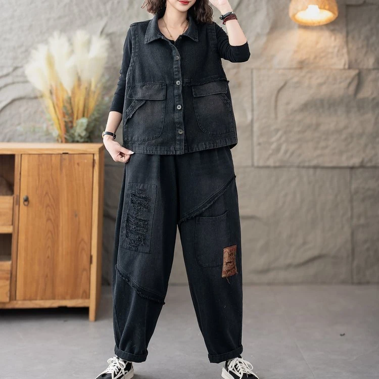 2025春秋时尚牛仔马甲裤子套装中老年妈妈拼接宽松哈伦风两件套