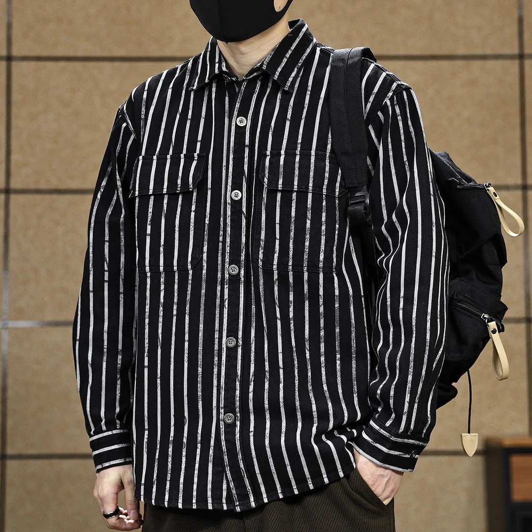 高阶复古水洗黑白条纹牛仔衬衫男士春秋宽松美式休闲长袖衬衣外套