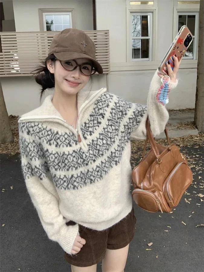 老钱风费尔岛高领毛衣女秋冬2025新慵懒宽松拉链翻领针织衫上衣