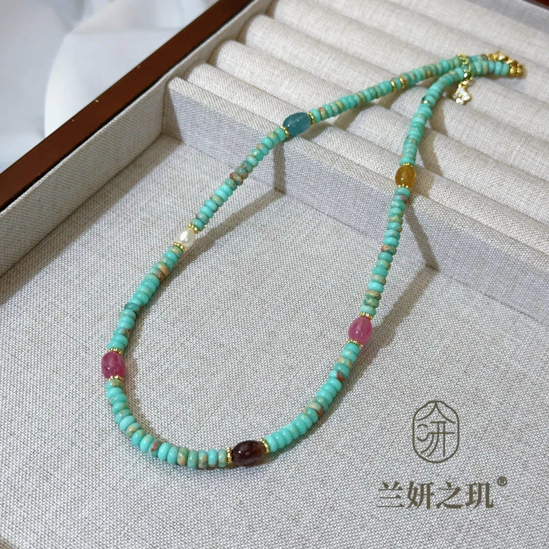 淡水珍珠 绿色松石天然石珍珠项链 带延长链 时尚简约串珠链 8896