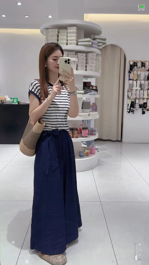 【木木家】裤子时尚条纹短袖上衣甜美长裙套装气质百搭减龄显瘦