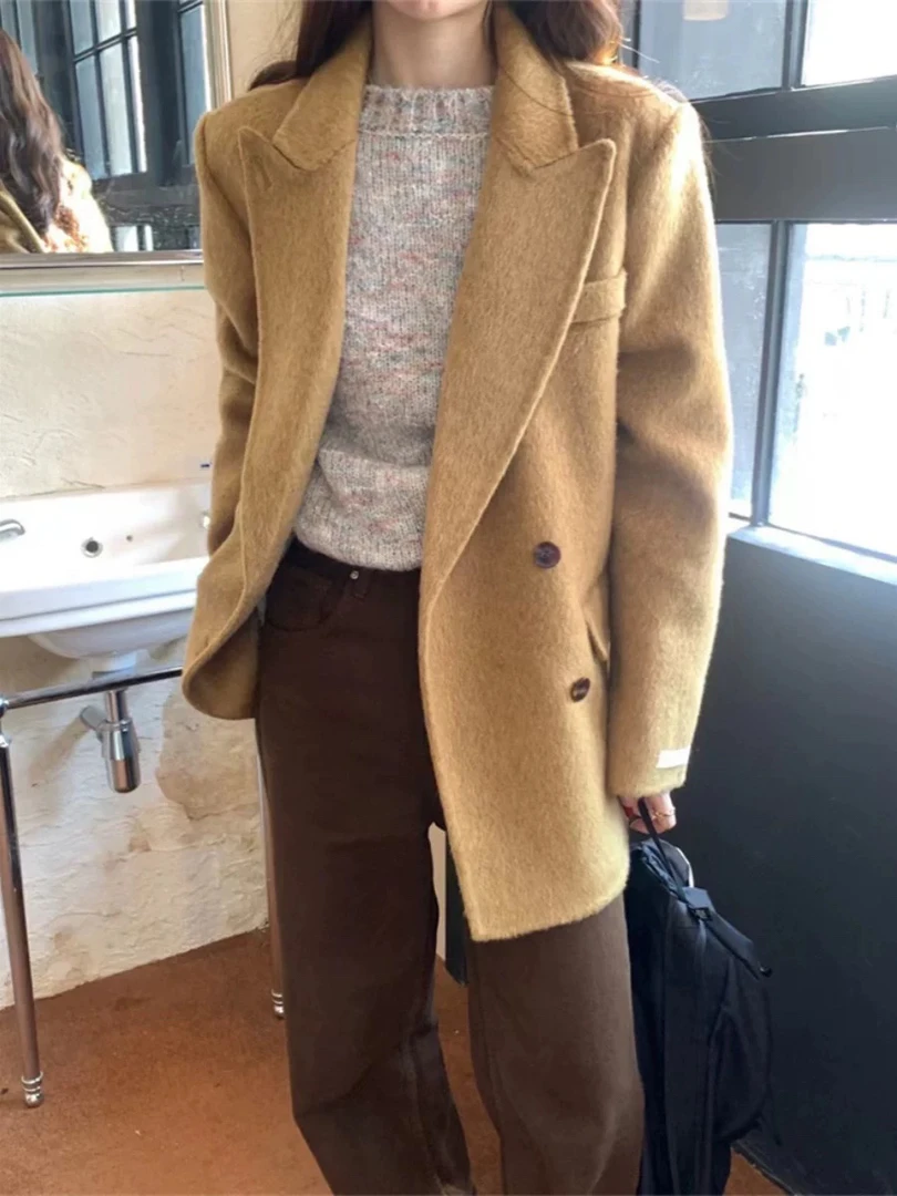 新款双面羊毛大衣女加厚短款韩版宽松小西装绵羊毛呢外套女