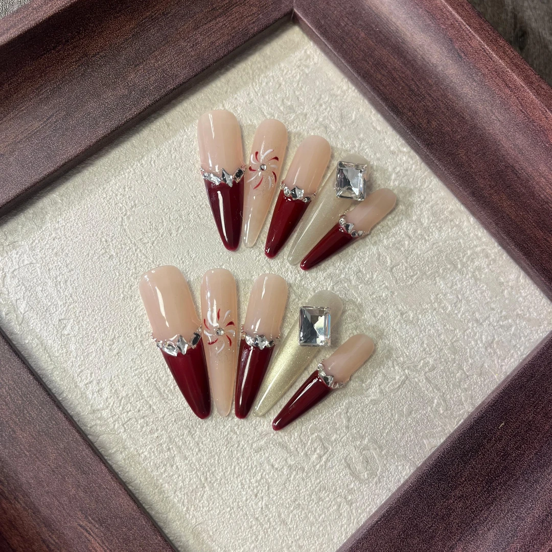 【璀璨烟花】冰透镶钻超闪裸色气质精致爆闪手工穿戴式浪漫法式美甲