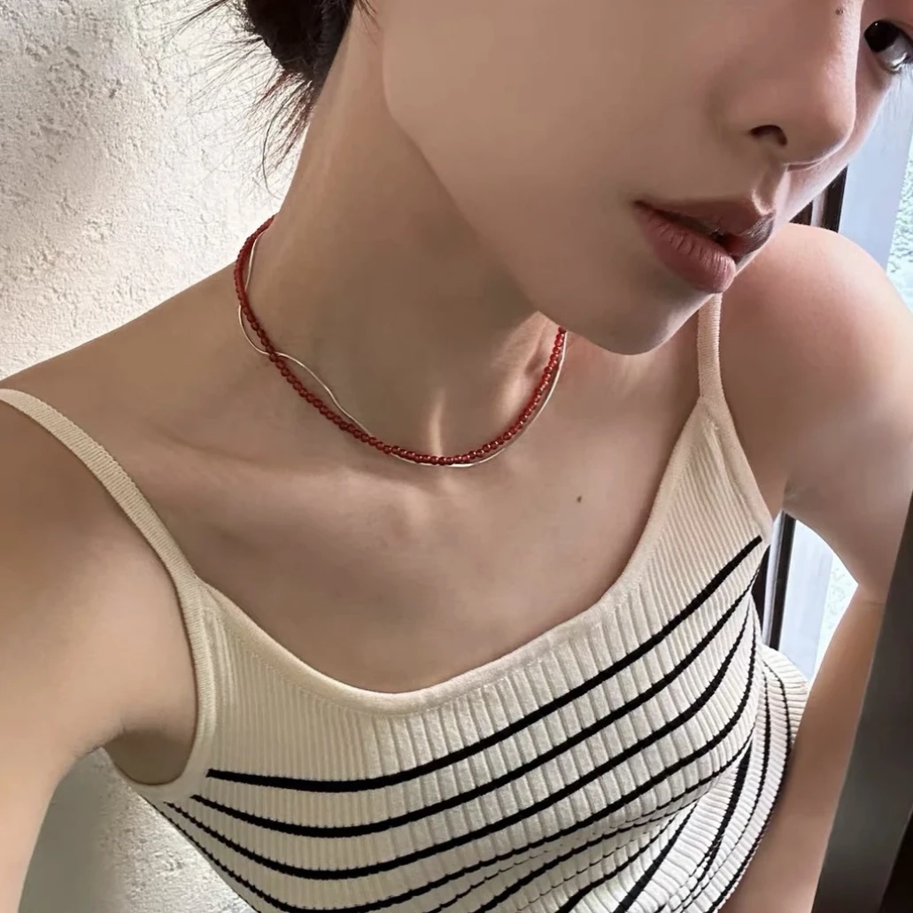 链子925银 韩国设计师手工红色珠子方形蛇骨链叠戴项链锁骨链女