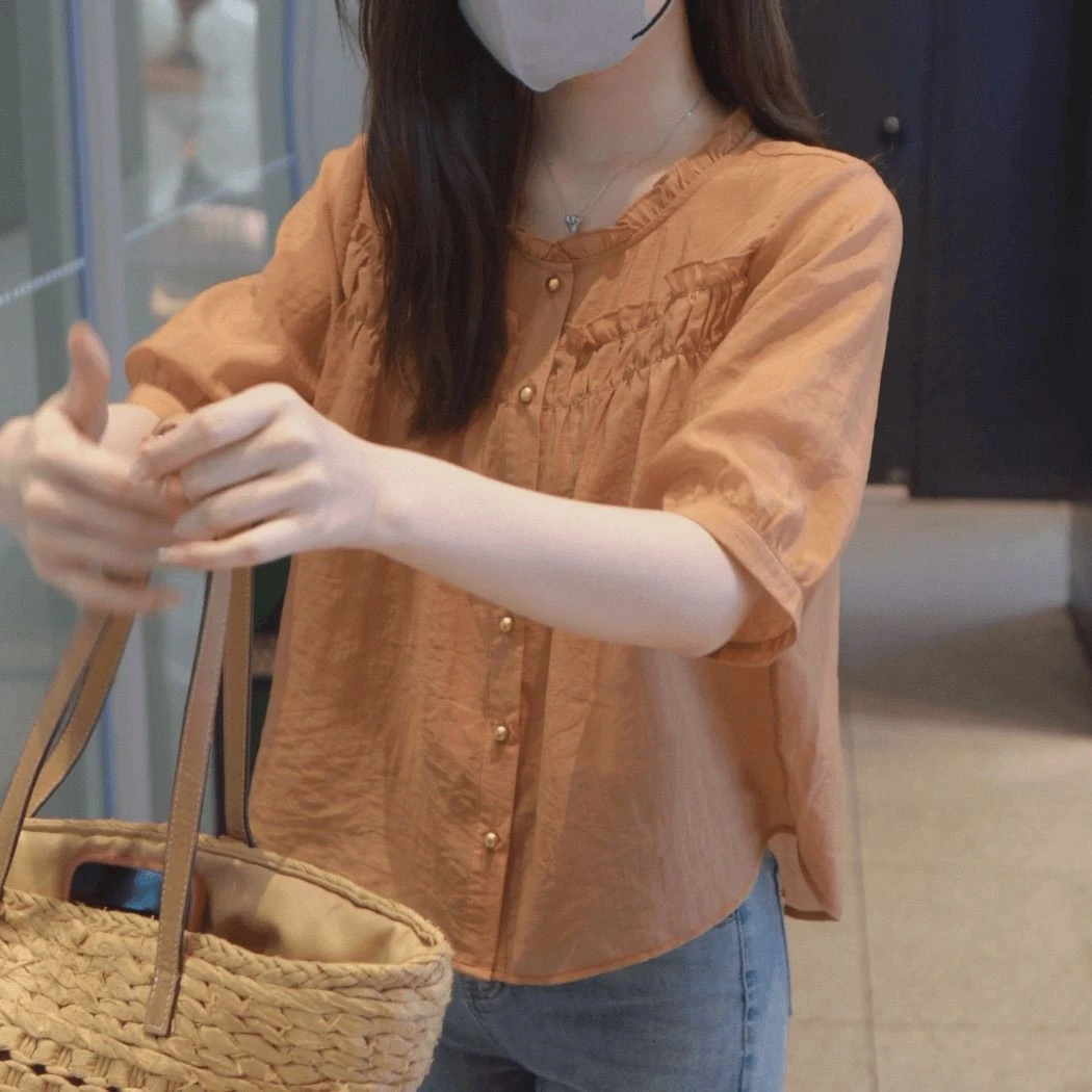 【1549人好评】法式高级感木耳边拼接短袖衬衫女2025夏季新款宽松
