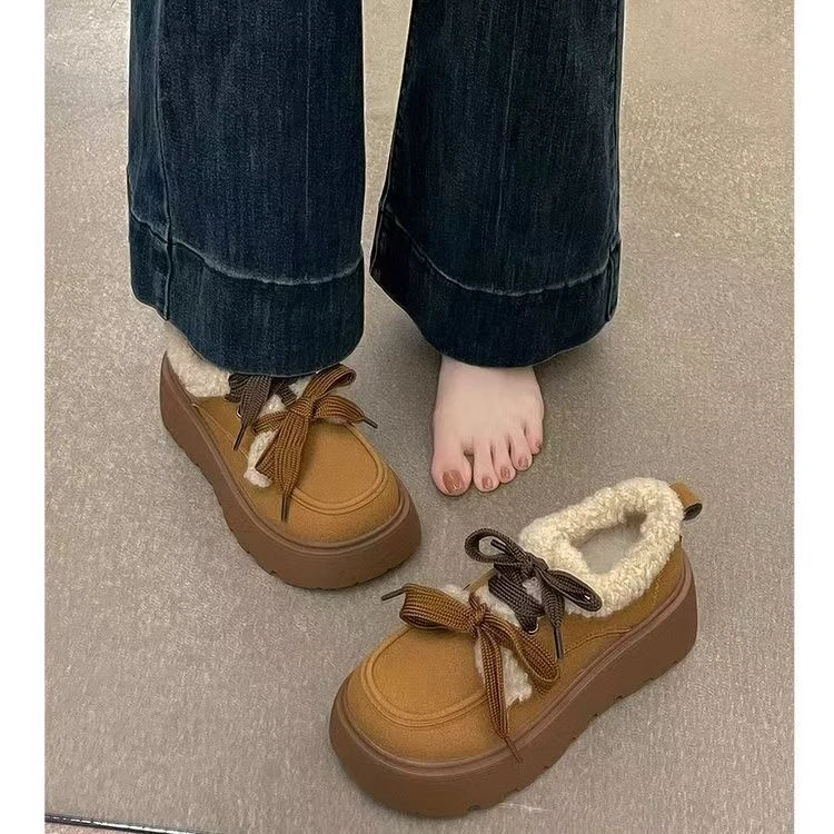 人造毛绒增高保暖加厚冬复古毛毛鞋小个子棉鞋女加绒时尚厚底新款