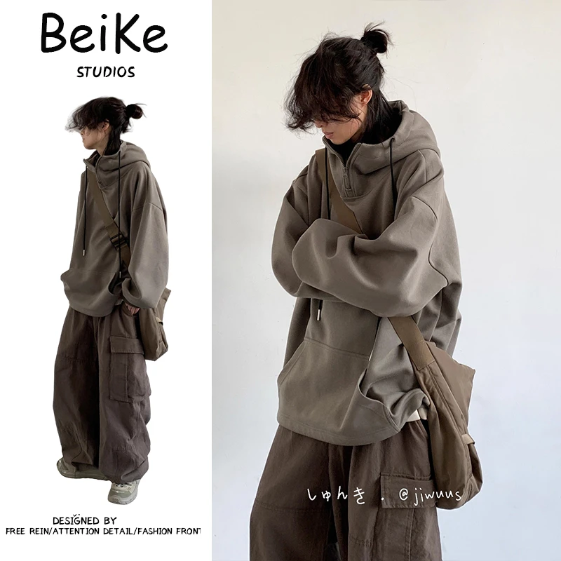 春秋日系复古连帽卫衣男女生纯色慵懒风宽松套头套装男款秋冬款