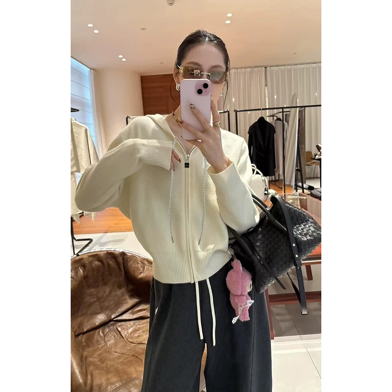 【米白色】3915开衫外套超柔软毛衣高品质连帽上衣