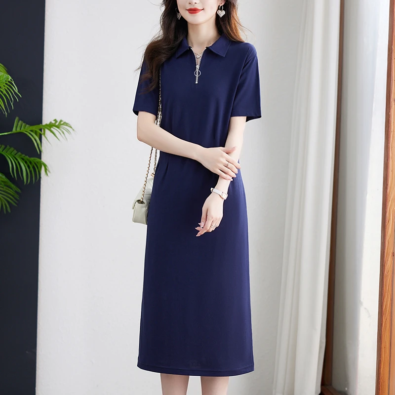 女士polo领连衣裙长款遮肉显瘦纯棉T恤裙2025新款休闲运动裙子夏