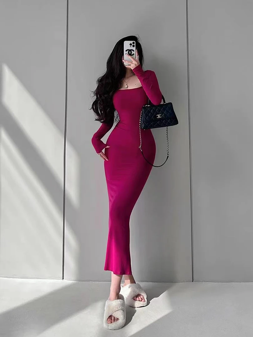 卡戴珊本姗秋季性感辣妹长裙修身显瘦包臀裙气质长袖-艺帆设计