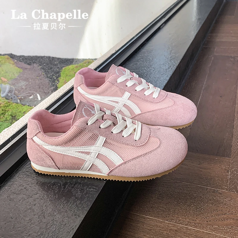拉夏贝尔网面德训鞋女2025冬季新款百搭薄款透气复古爆款休闲单鞋
