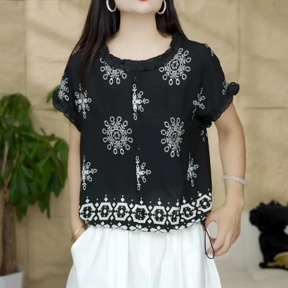 直播爆款2025夏季时尚洋气圆领减龄印花木耳边短袖小