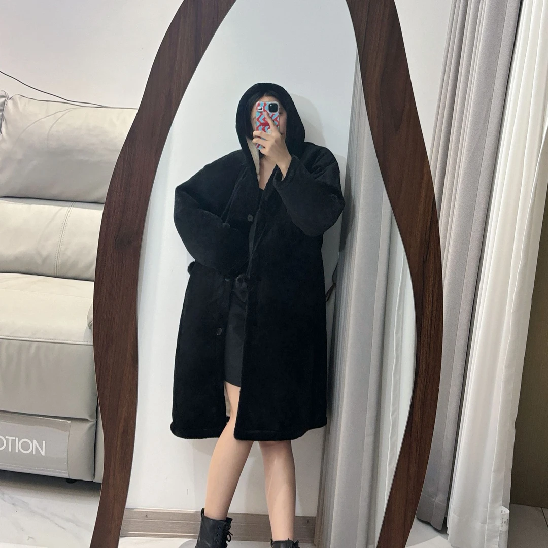 2025冬季新品三层加绒加厚毛毛百搭时尚连帽保暖中长款外穿家居服