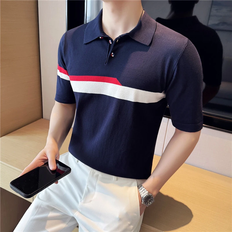 夏季莱赛尔冰丝男士条纹撞色短袖针织polo衫商务休闲时尚百搭T恤