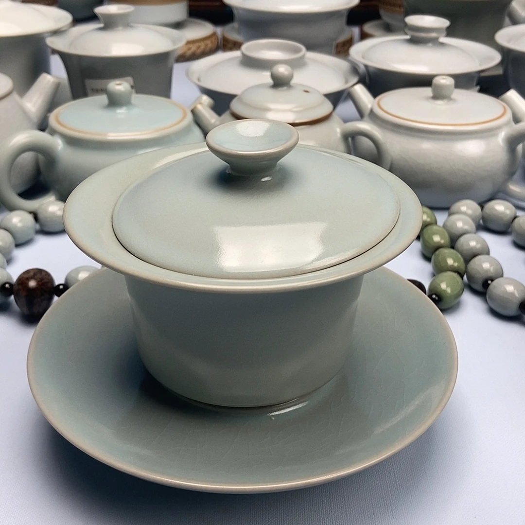 杯仿古微蓝釉马蹄盖碗原矿原釉原杯地