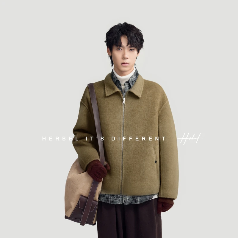 HERBEL/黑白 毛呢大衣男2025年冬季新款翻领驼色短款保暖大衣外套