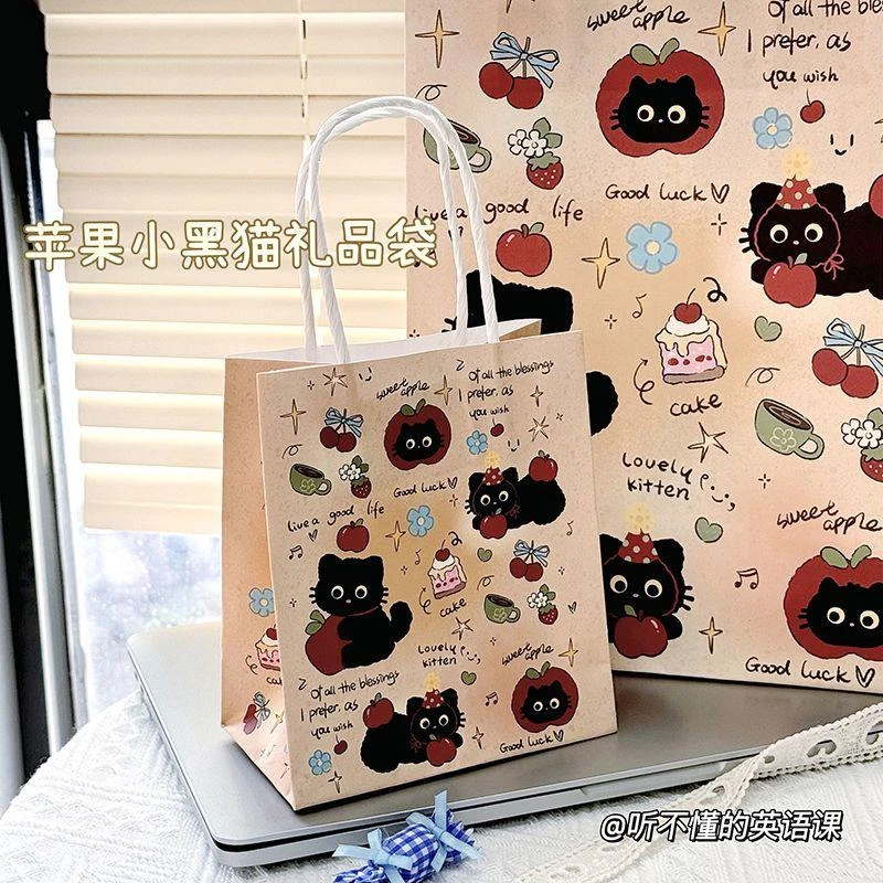 原创ins可爱苹果小黑猫礼品袋高颜值可爱包装纸袋送礼手提收纳袋