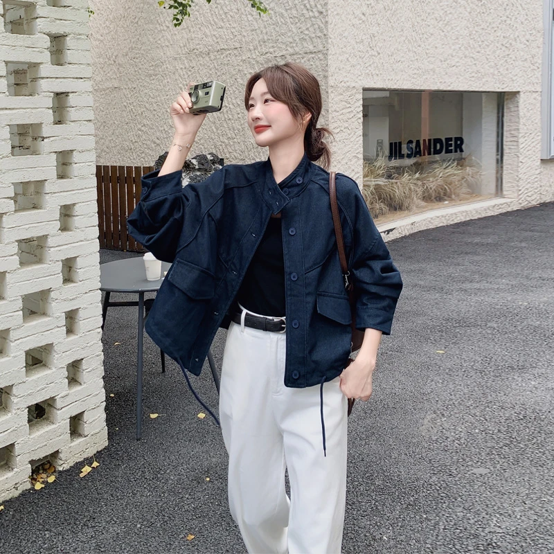 复古甜酷风牛仔外套2025春秋新款韩系ins设计感小众短款立领夹克