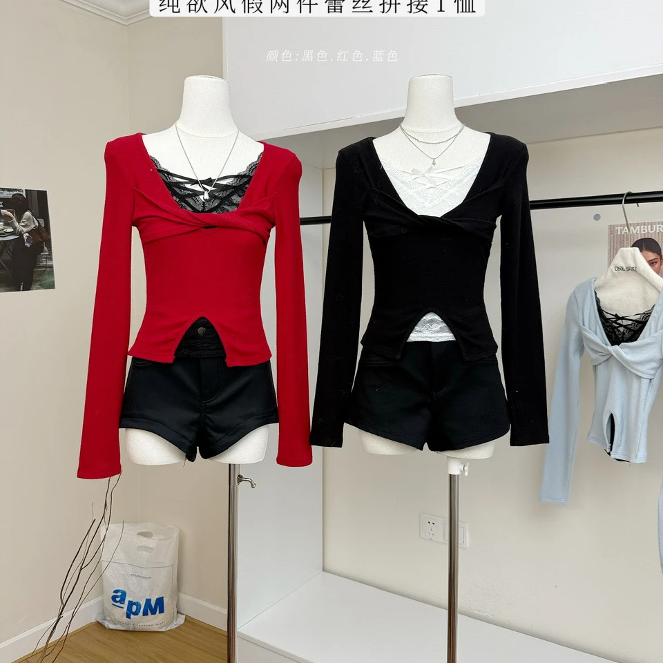 CHEISLY 秋冬新款性感修身辣妹上衣纯欲风假两件蕾丝拼接长袖女装