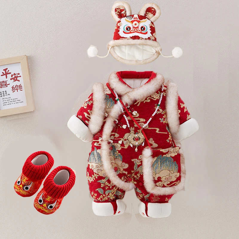 婴儿拜年服女款宝宝冬装新生儿棉服连体衣百天周岁婴儿加厚连体衣
