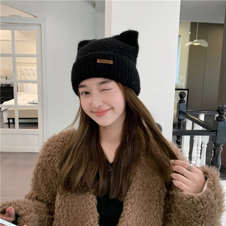 可爱耳朵毛绒针织帽子女秋冬大头围百搭毛线帽韩版显脸小加厚保暖