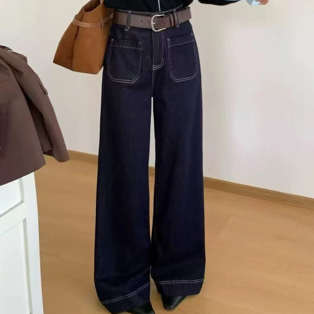 秋季新款高腰显瘦垂感复古直筒牛仔裤女宽松百搭阔腿裤