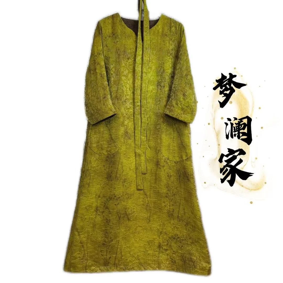 7060原创高定浮光提花V领双面双穿九分袖连衣裙