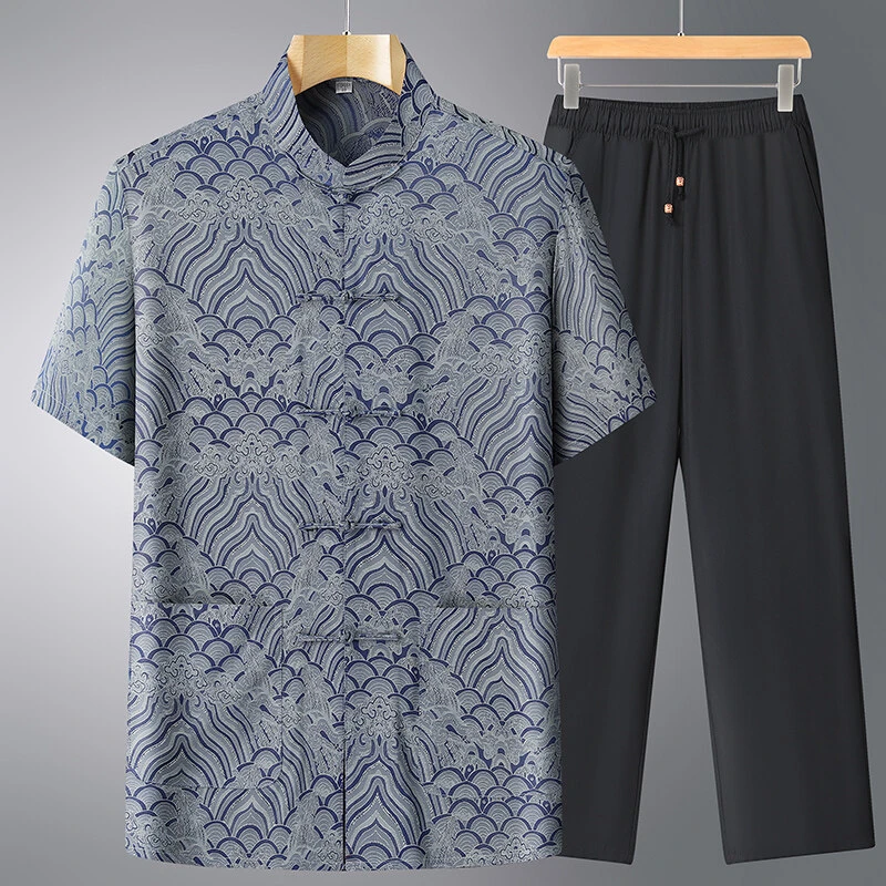 老人头夏季新中式冰丝唐装男士复古短袖套装休闲宽松锻炼服爸爸装