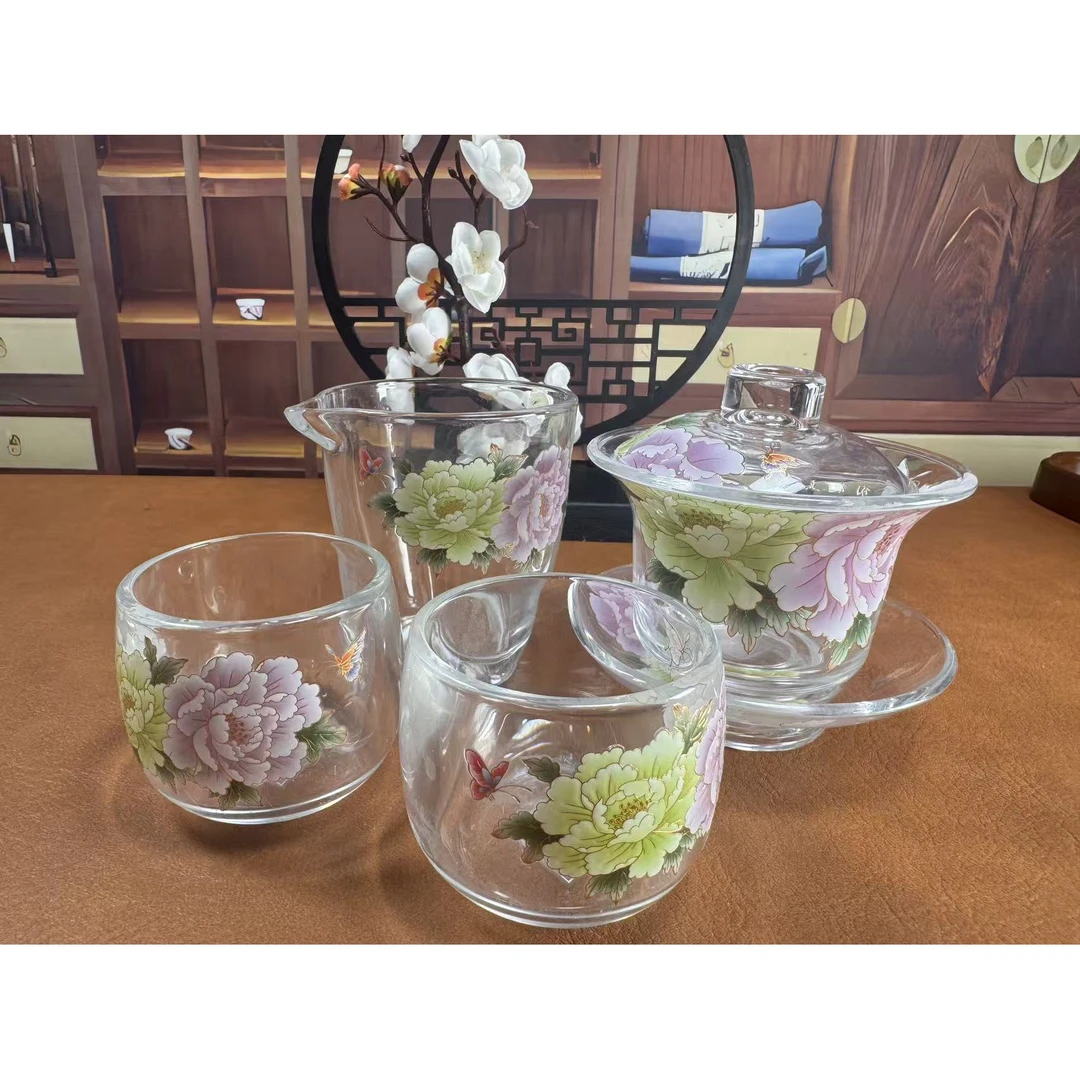 玻璃-双色牡丹花旅行茶具套组带两杯加公道杯2149大容量家用透明