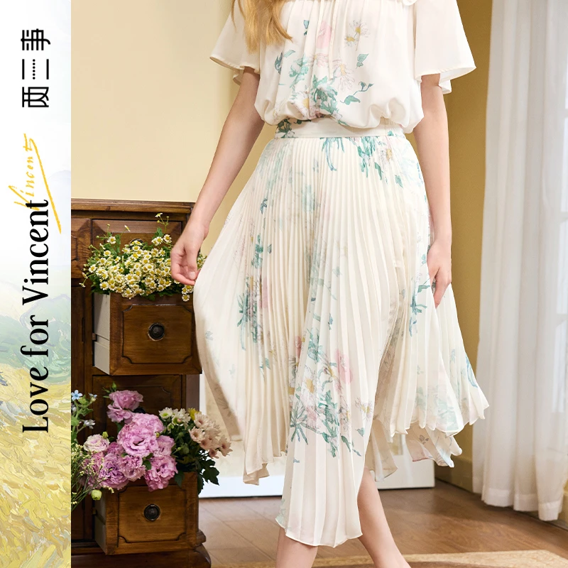 两三事阡陌交响碎花印花不规则百褶裙半身裙