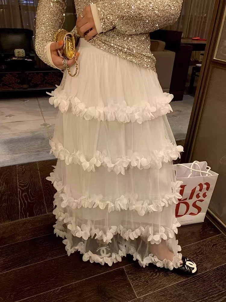 【幕色】重工花朵半身裙女白色花瓣蛋糕半裙设计感蛋糕裙长款