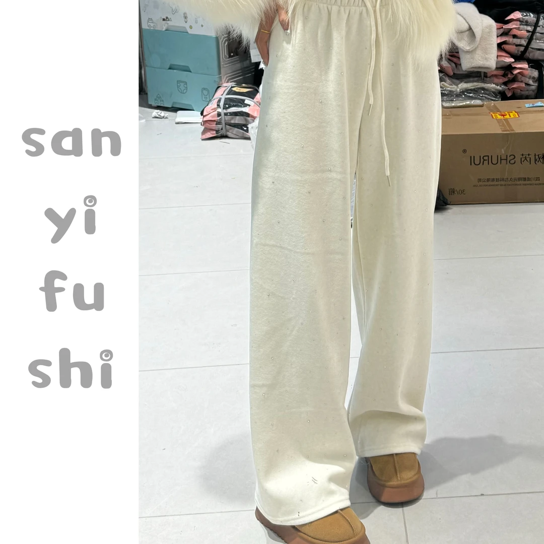 【三懿服饰】新款高腰显瘦设计感烫钻加绒显瘦檽米裤-6325