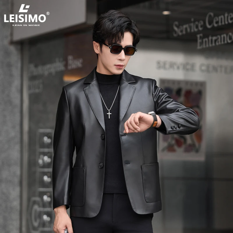 2025春秋新款海宁皮衣男士真皮绵羊皮休闲修身西装领皮夹克外套潮