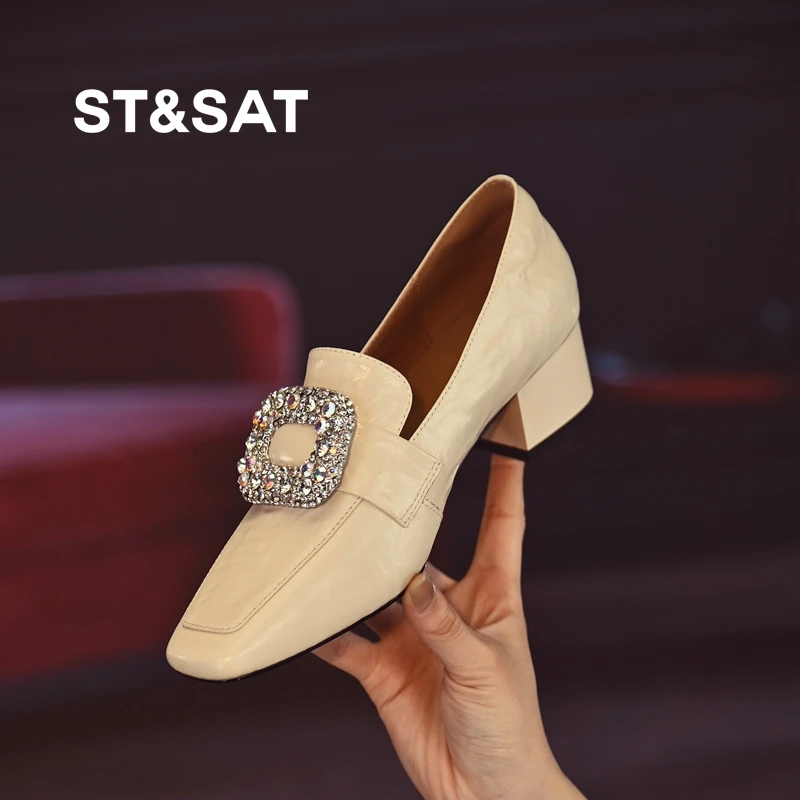 星期六学院风乐福鞋女水钻浅口单鞋2025年春季新款时尚粗跟小皮鞋