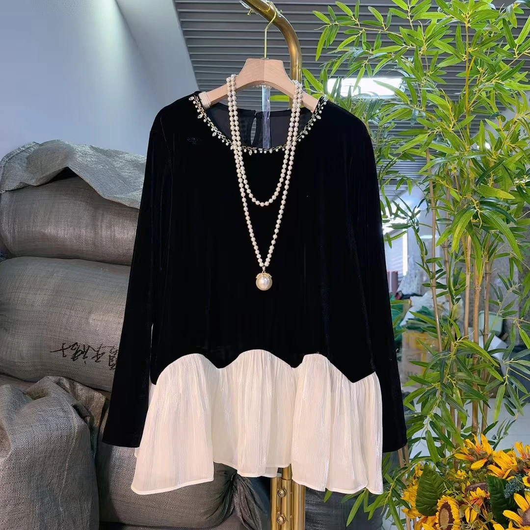欧货气质丝绒拼接镶钻衬衫微胖大码遮肉显瘦秋季长袖欧韩新款2533